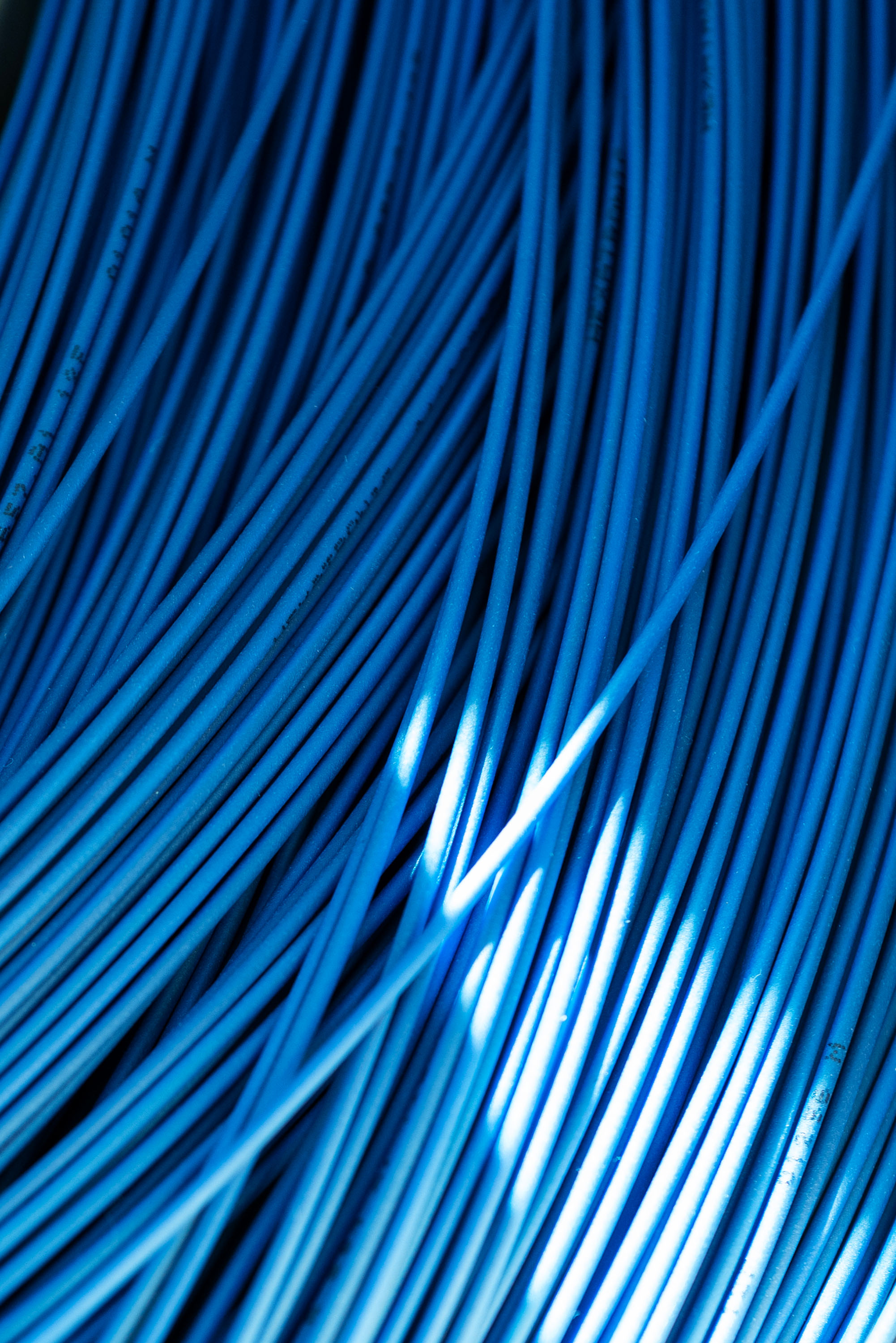 A close-up of a tightly packed bundle of vibrant blue fiber cables reflecting light. No background is visible.