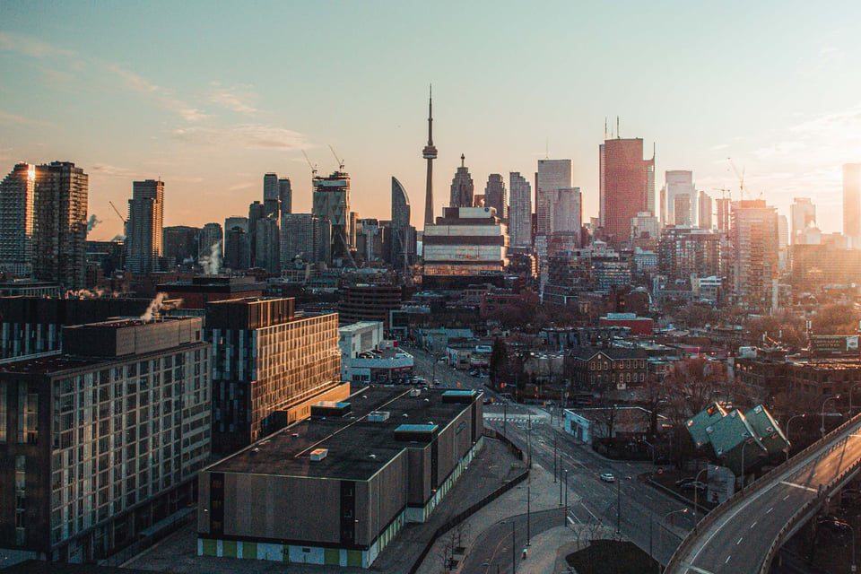 Aerial view of Toronto at sunset.
